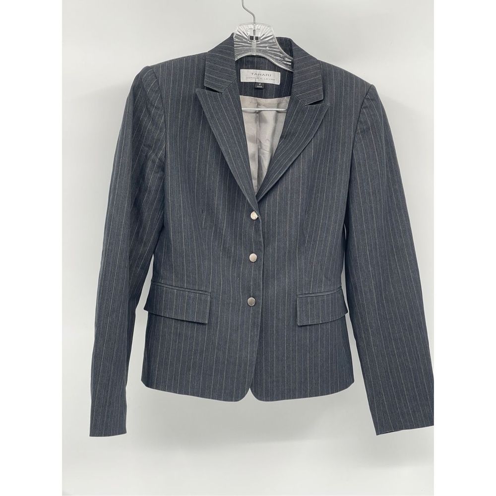Tahari Blazer Suit Jacket Women Size 2 Dark Gray Pinstriped Snap Button